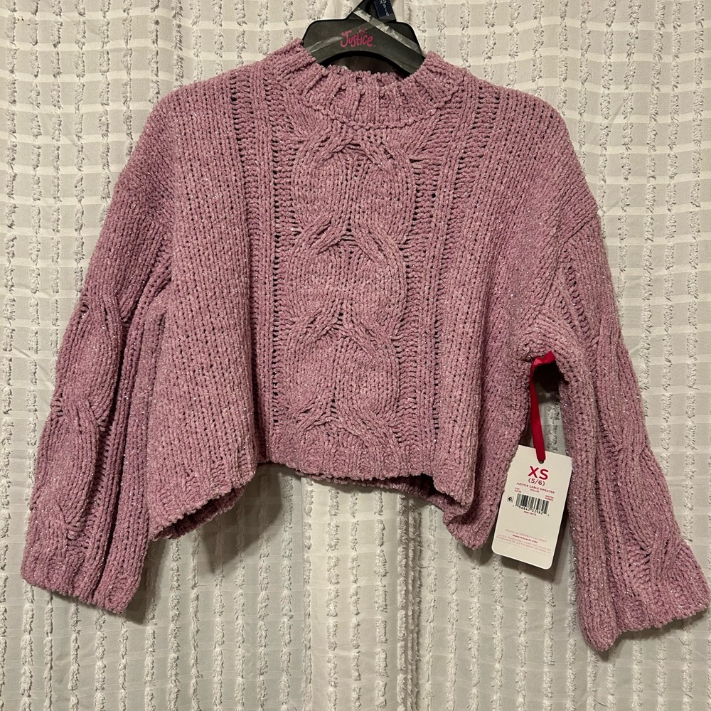 Justice Girl’s‎ XS 5-6 Cable Knit Crop Sweater Purple NWT